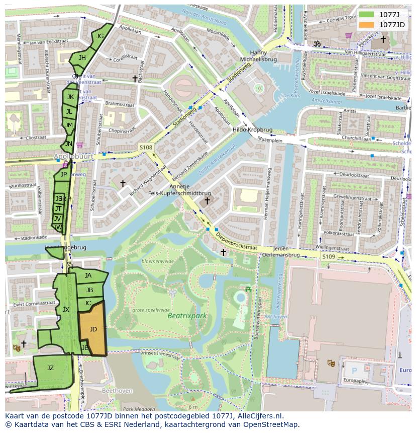 Afbeelding van het postcodegebied 1077 JD op de kaart.