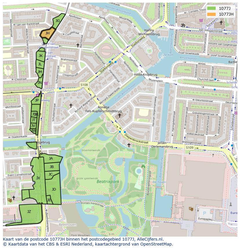 Afbeelding van het postcodegebied 1077 JH op de kaart.