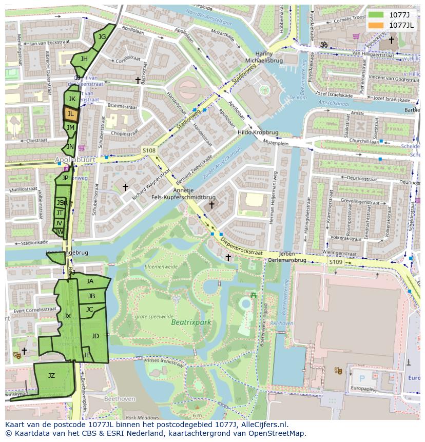 Afbeelding van het postcodegebied 1077 JL op de kaart.