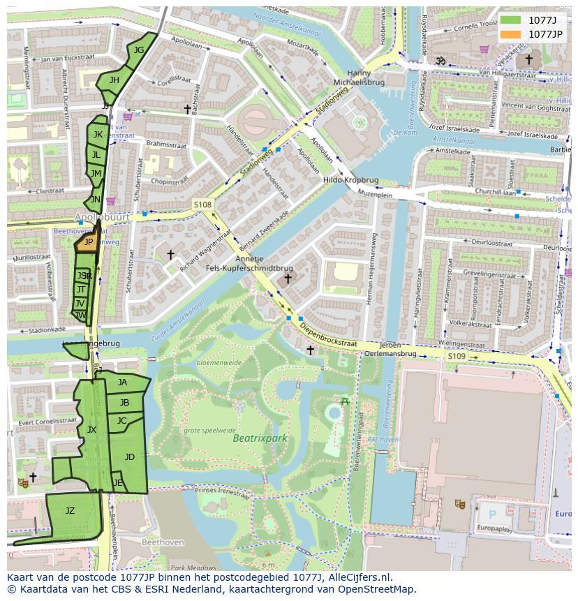 Afbeelding van het postcodegebied 1077 JP op de kaart.