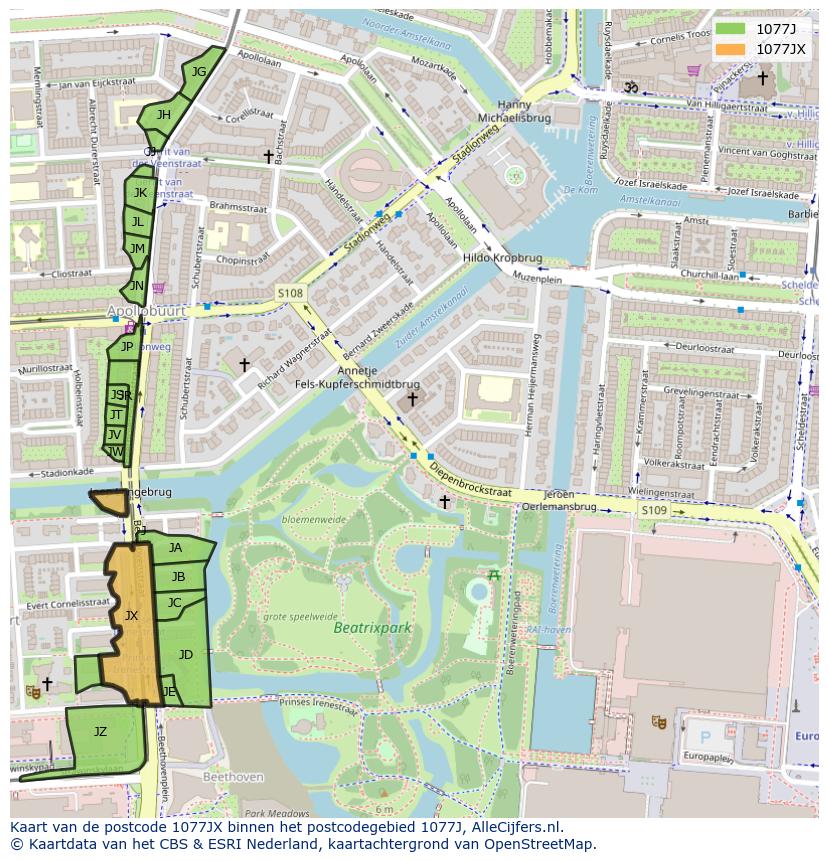 Afbeelding van het postcodegebied 1077 JX op de kaart.