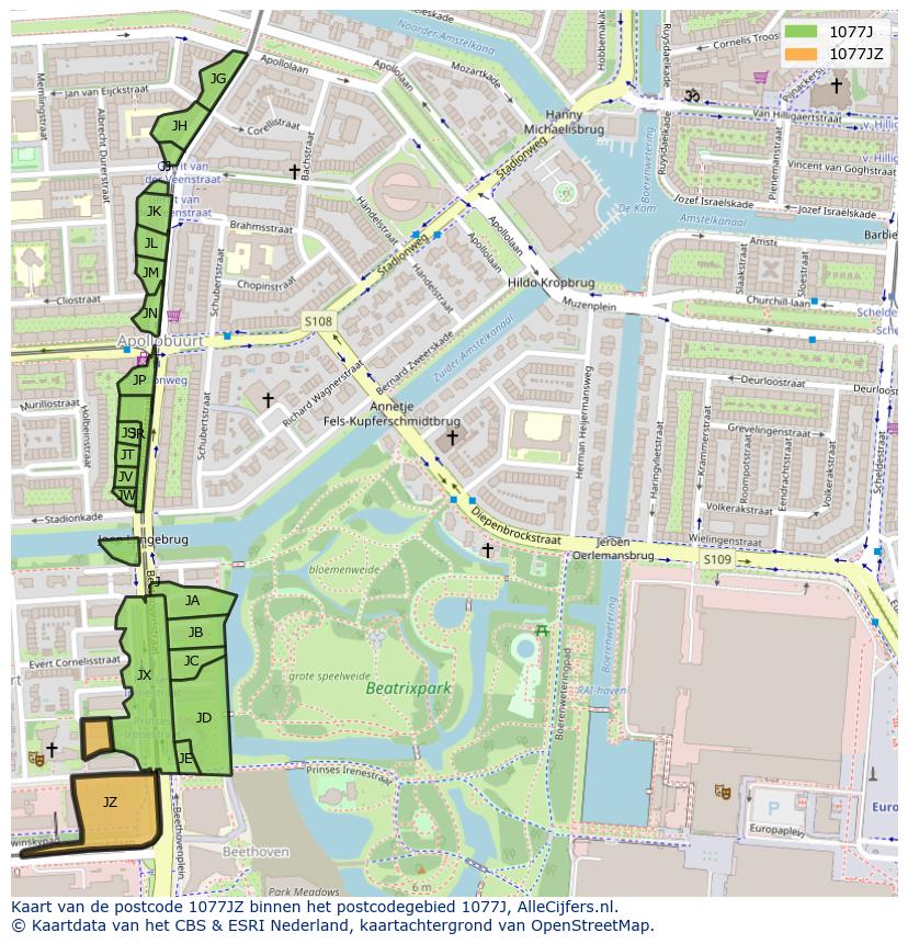 Afbeelding van het postcodegebied 1077 JZ op de kaart.