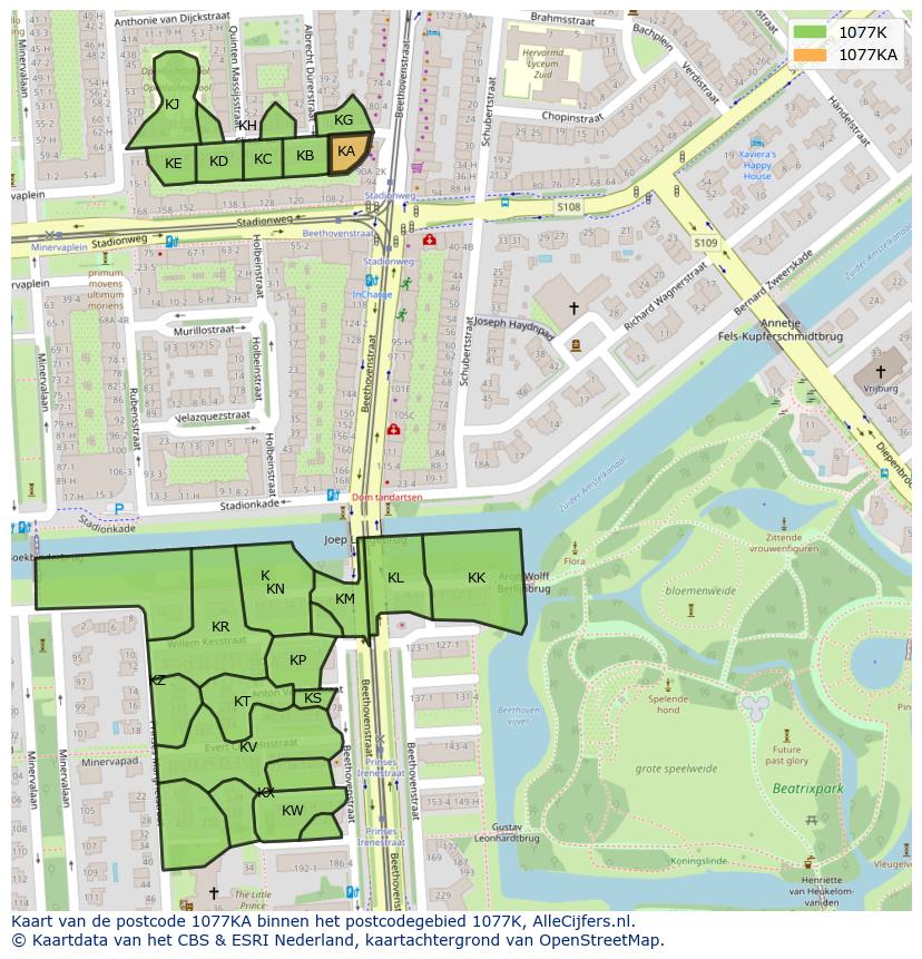 Afbeelding van het postcodegebied 1077 KA op de kaart.