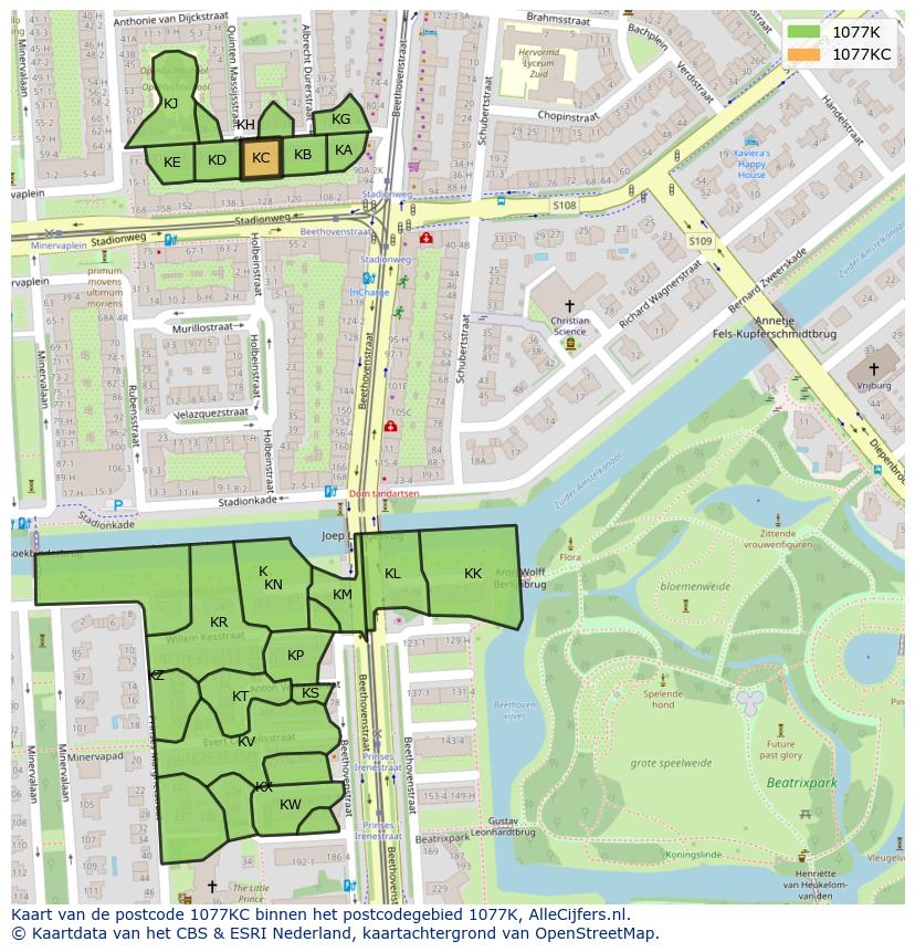 Afbeelding van het postcodegebied 1077 KC op de kaart.