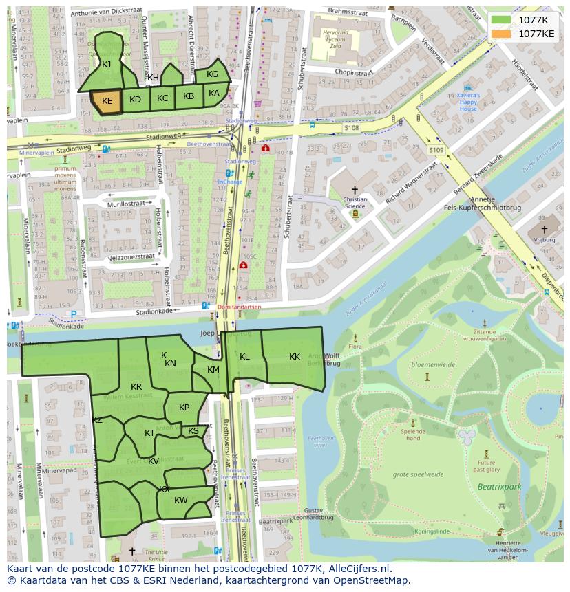 Afbeelding van het postcodegebied 1077 KE op de kaart.