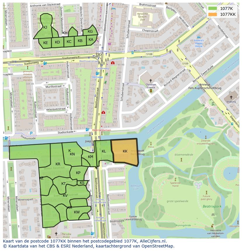 Afbeelding van het postcodegebied 1077 KK op de kaart.