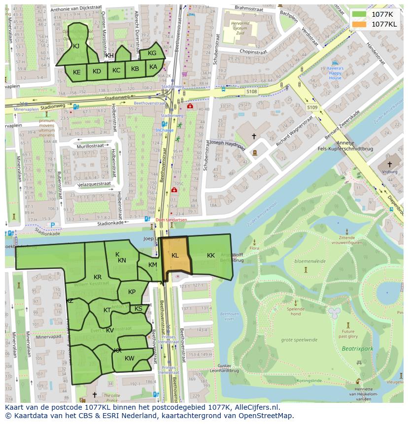 Afbeelding van het postcodegebied 1077 KL op de kaart.