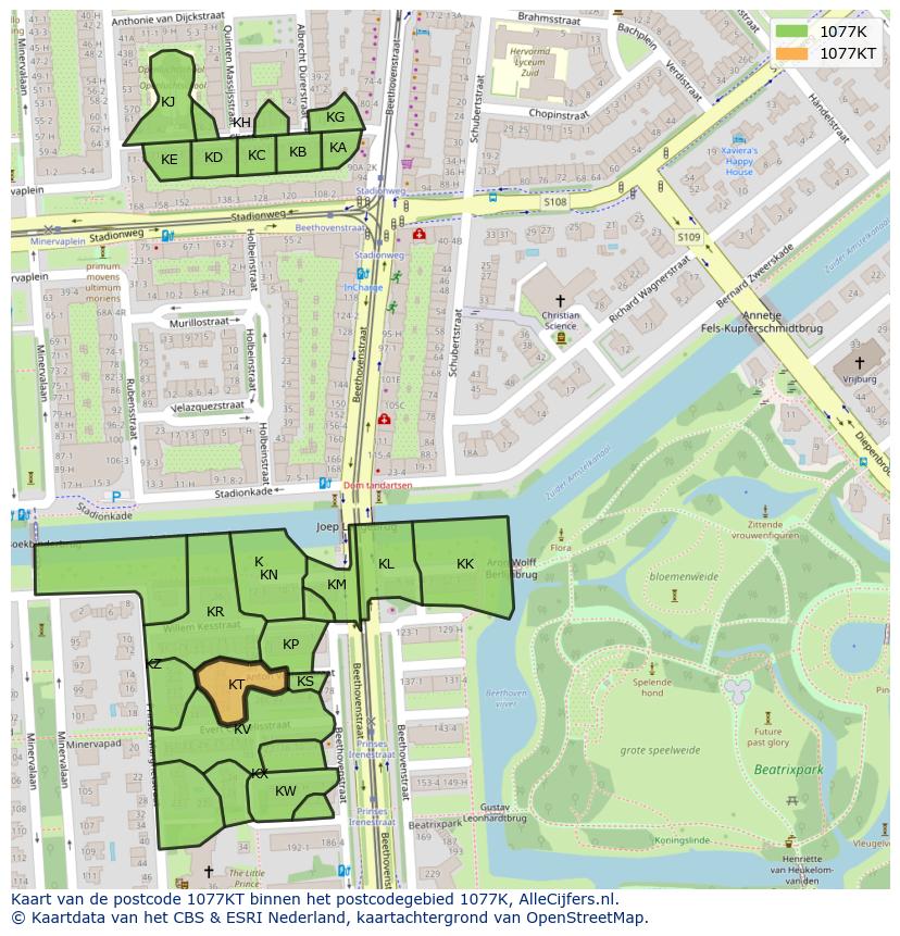 Afbeelding van het postcodegebied 1077 KT op de kaart.