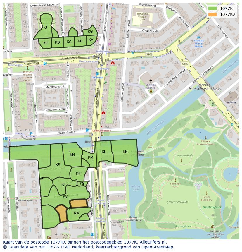 Afbeelding van het postcodegebied 1077 KX op de kaart.