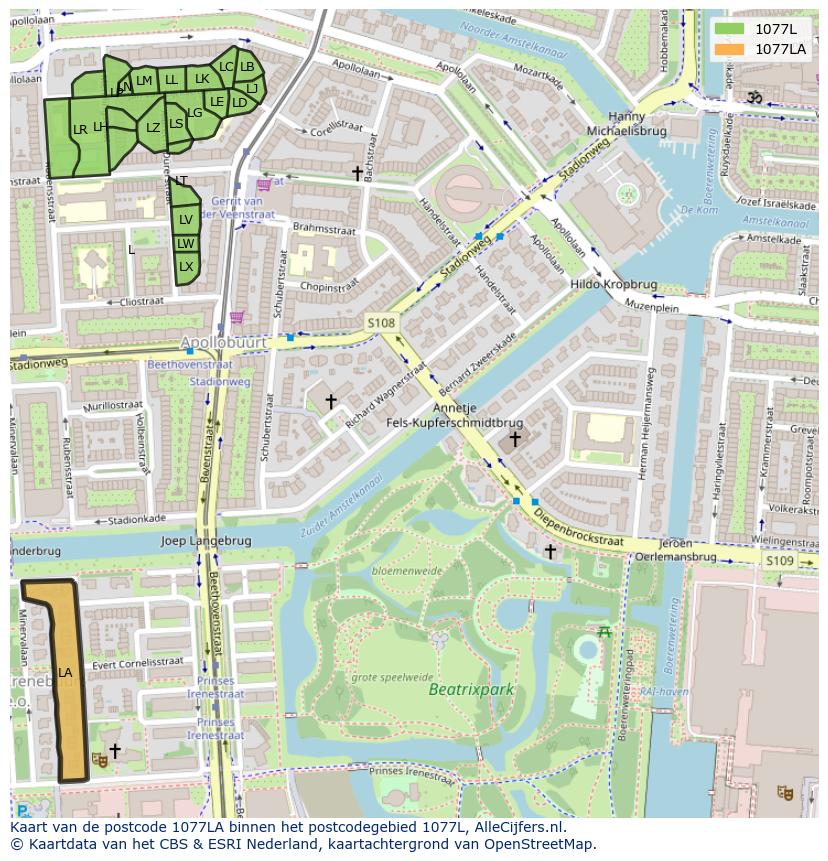 Afbeelding van het postcodegebied 1077 LA op de kaart.