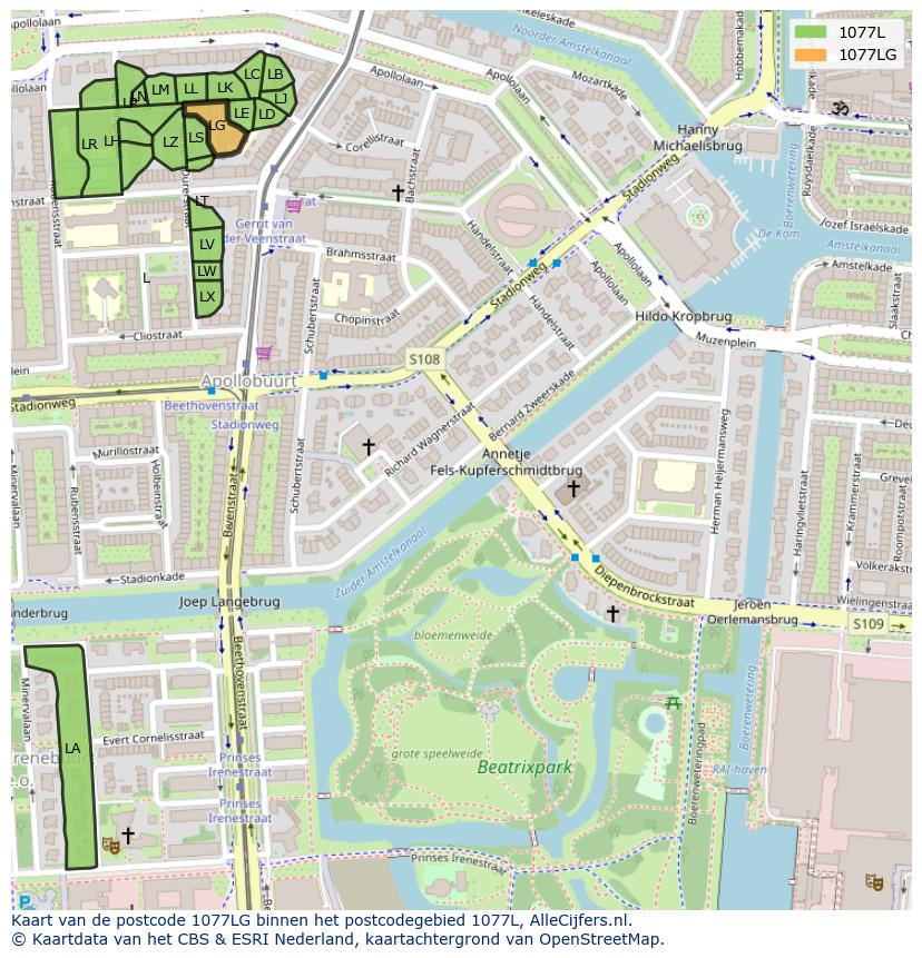 Afbeelding van het postcodegebied 1077 LG op de kaart.