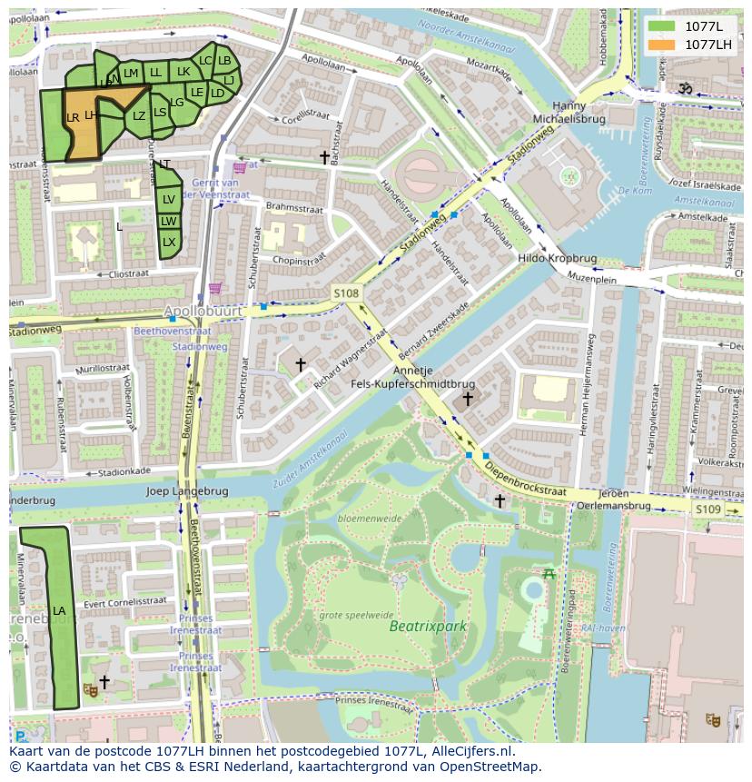 Afbeelding van het postcodegebied 1077 LH op de kaart.