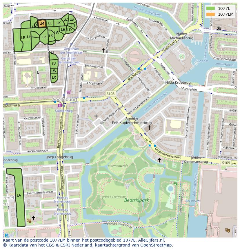 Afbeelding van het postcodegebied 1077 LM op de kaart.