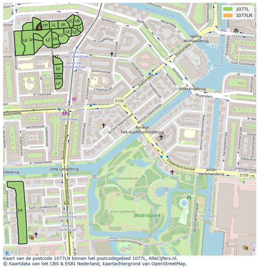 Afbeelding van het postcodegebied 1077 LN op de kaart.