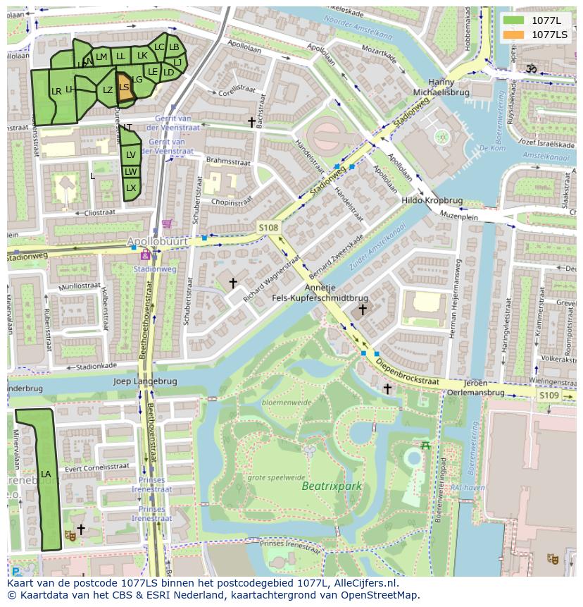 Afbeelding van het postcodegebied 1077 LS op de kaart.