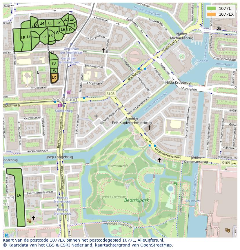Afbeelding van het postcodegebied 1077 LX op de kaart.
