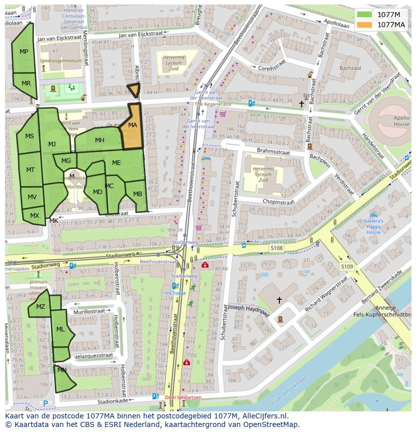 Afbeelding van het postcodegebied 1077 MA op de kaart.