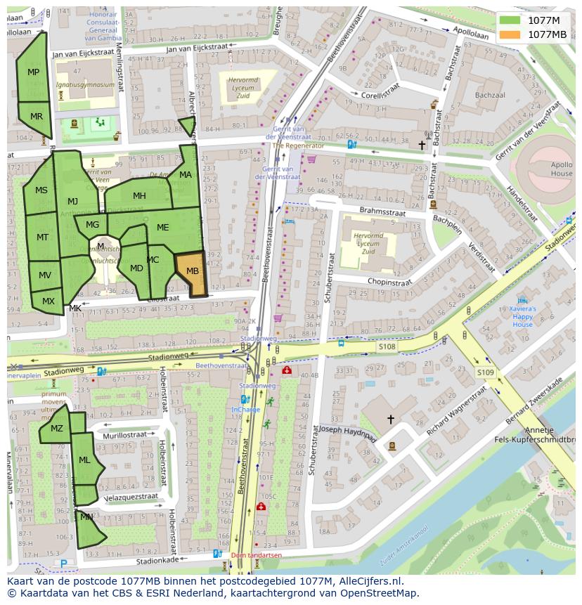 Afbeelding van het postcodegebied 1077 MB op de kaart.