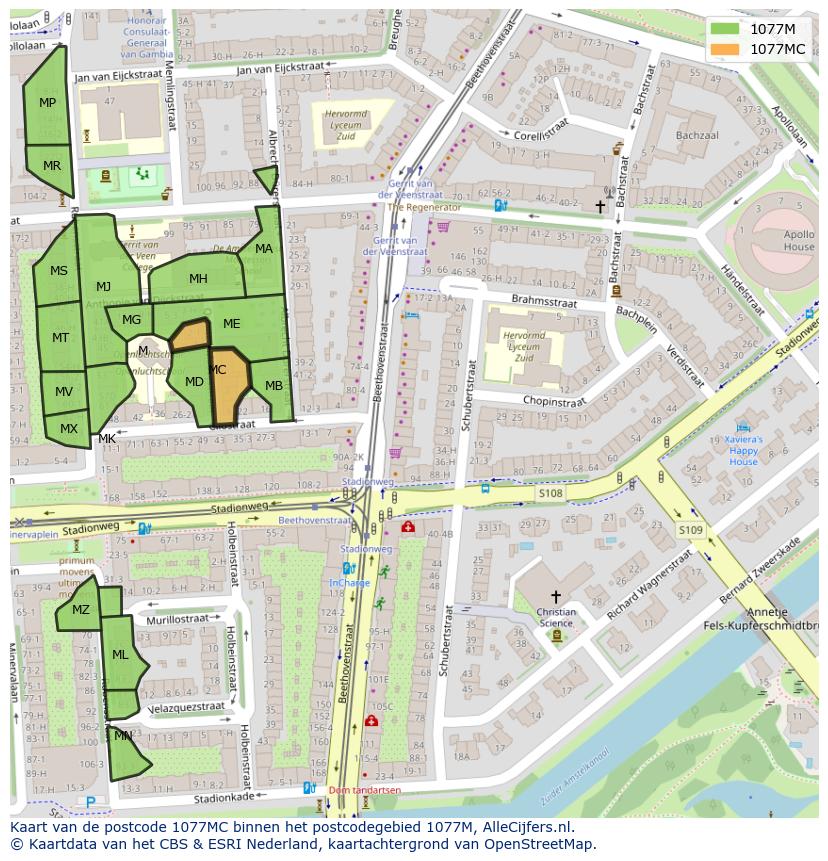 Afbeelding van het postcodegebied 1077 MC op de kaart.