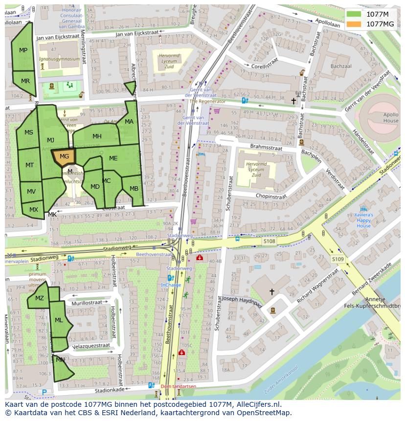 Afbeelding van het postcodegebied 1077 MG op de kaart.