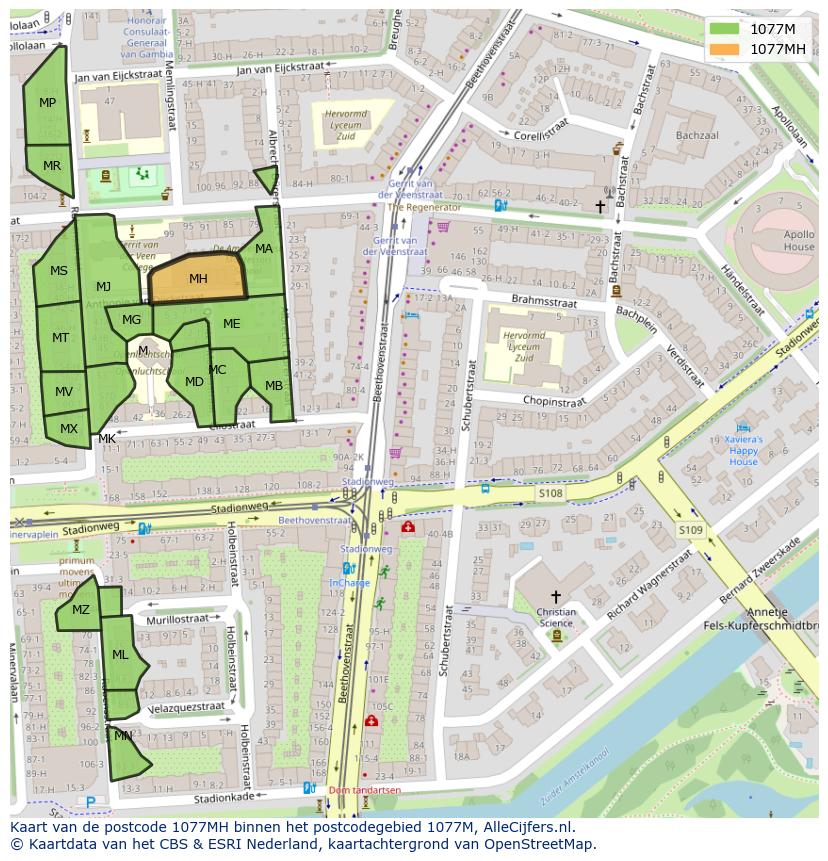 Afbeelding van het postcodegebied 1077 MH op de kaart.