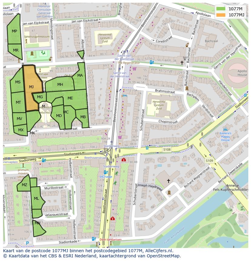 Afbeelding van het postcodegebied 1077 MJ op de kaart.