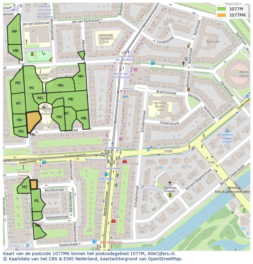Afbeelding van het postcodegebied 1077 MK op de kaart.