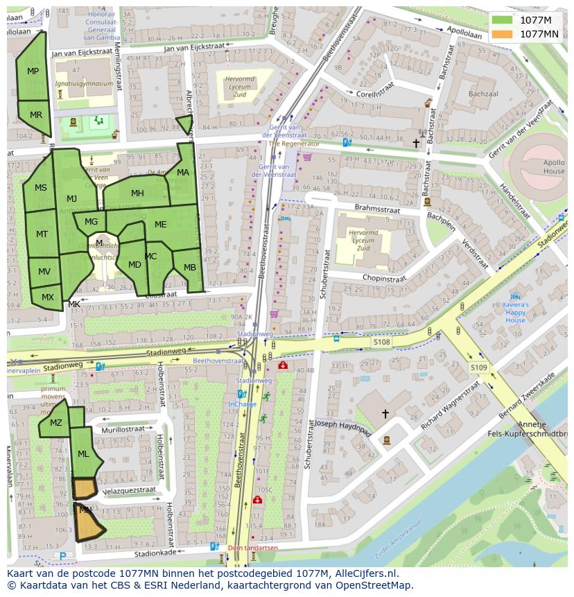 Afbeelding van het postcodegebied 1077 MN op de kaart.