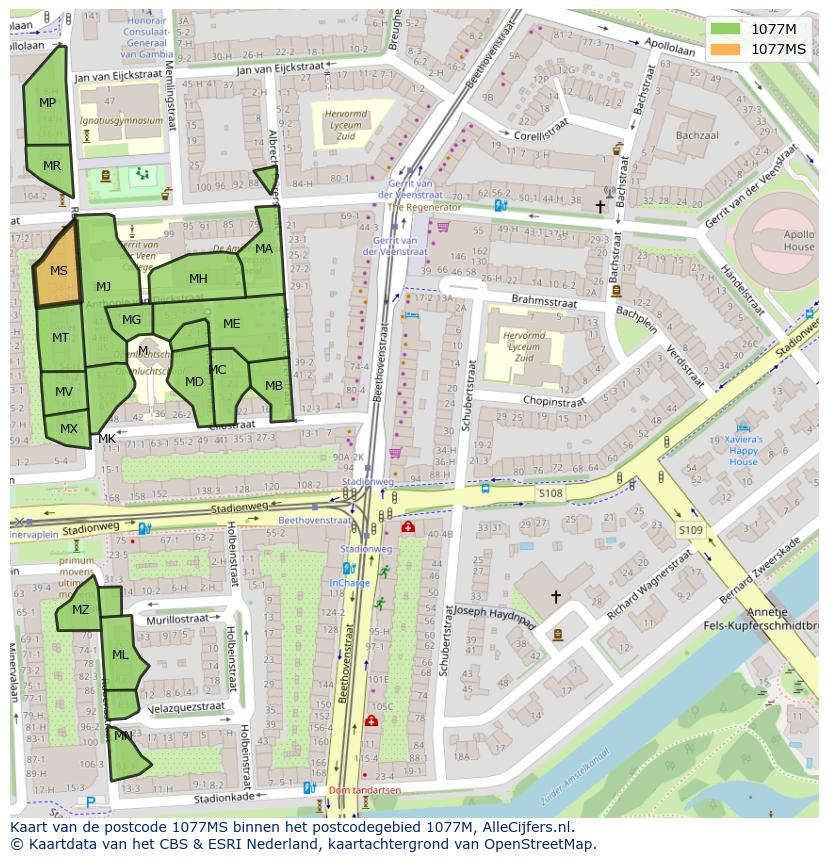 Afbeelding van het postcodegebied 1077 MS op de kaart.
