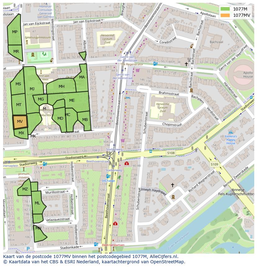Afbeelding van het postcodegebied 1077 MV op de kaart.