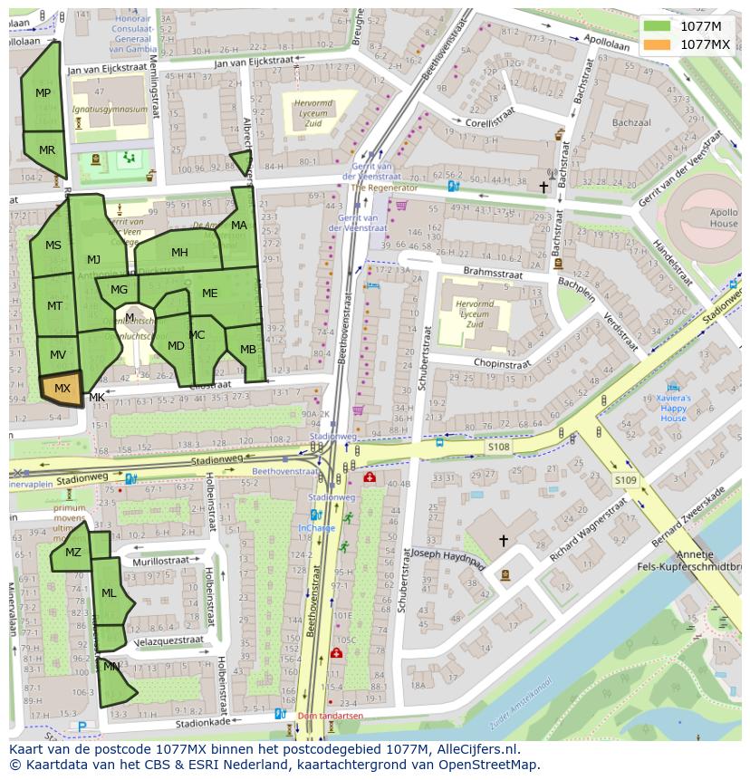 Afbeelding van het postcodegebied 1077 MX op de kaart.