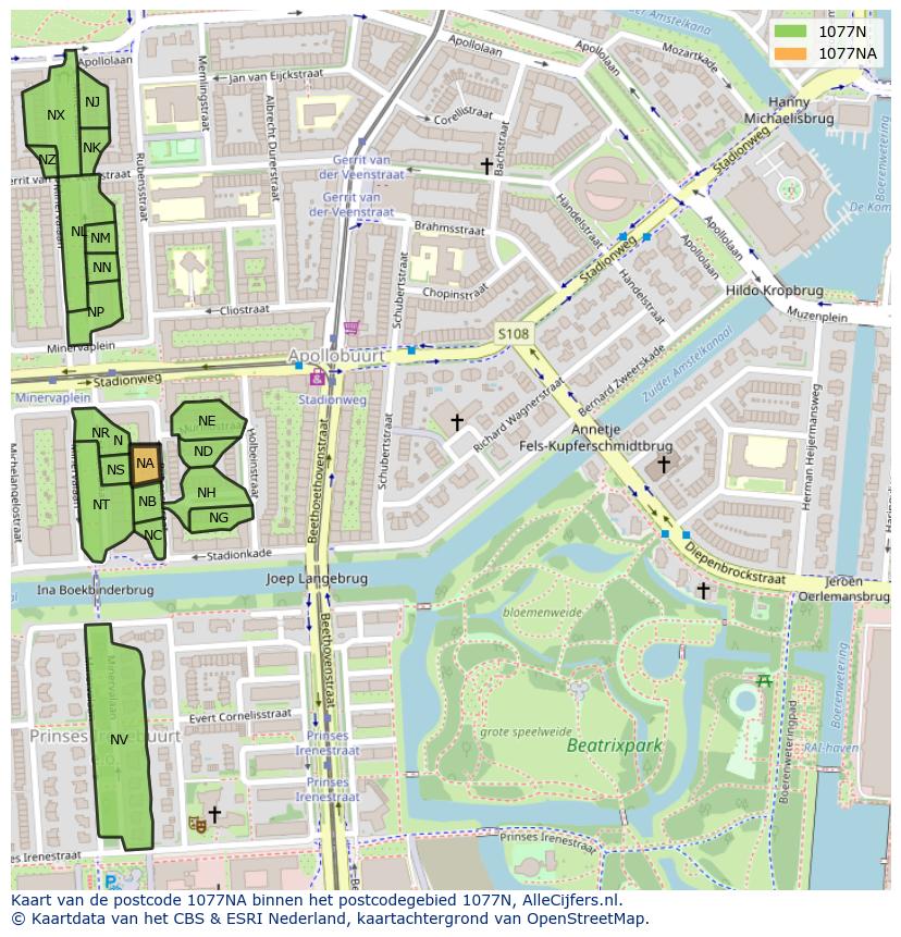 Afbeelding van het postcodegebied 1077 NA op de kaart.