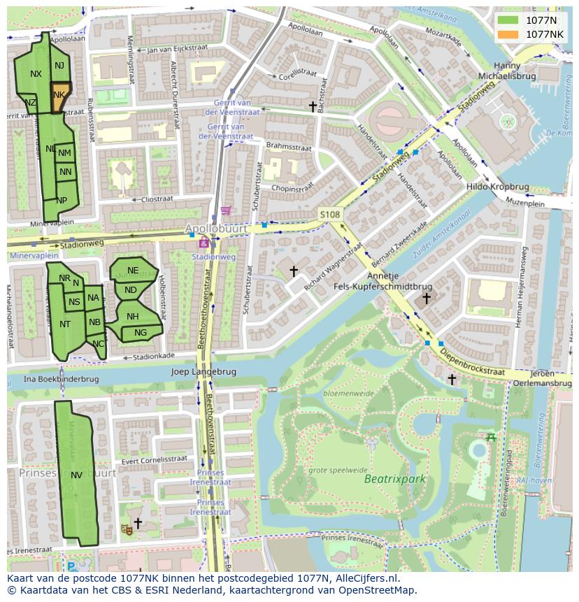 Afbeelding van het postcodegebied 1077 NK op de kaart.