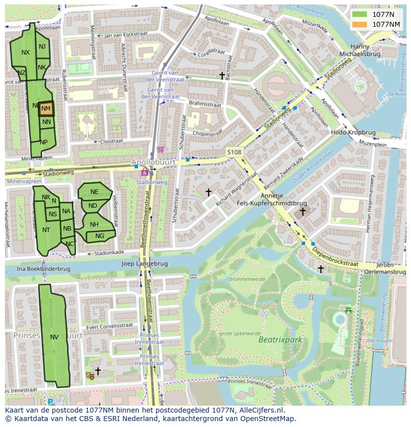 Afbeelding van het postcodegebied 1077 NM op de kaart.