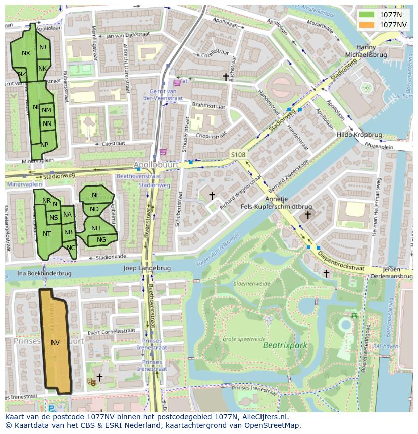 Afbeelding van het postcodegebied 1077 NV op de kaart.