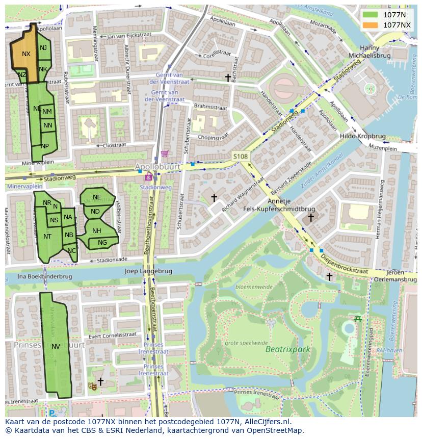 Afbeelding van het postcodegebied 1077 NX op de kaart.