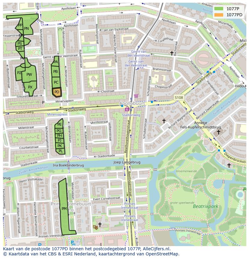 Afbeelding van het postcodegebied 1077 PD op de kaart.