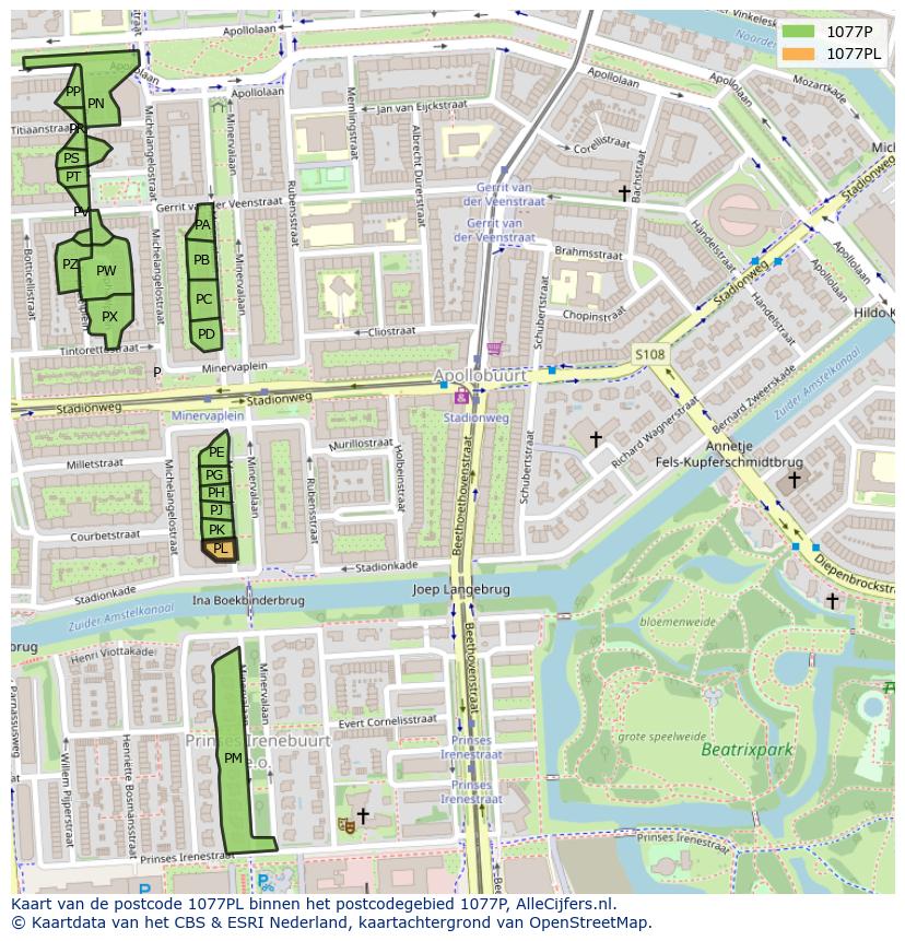 Afbeelding van het postcodegebied 1077 PL op de kaart.