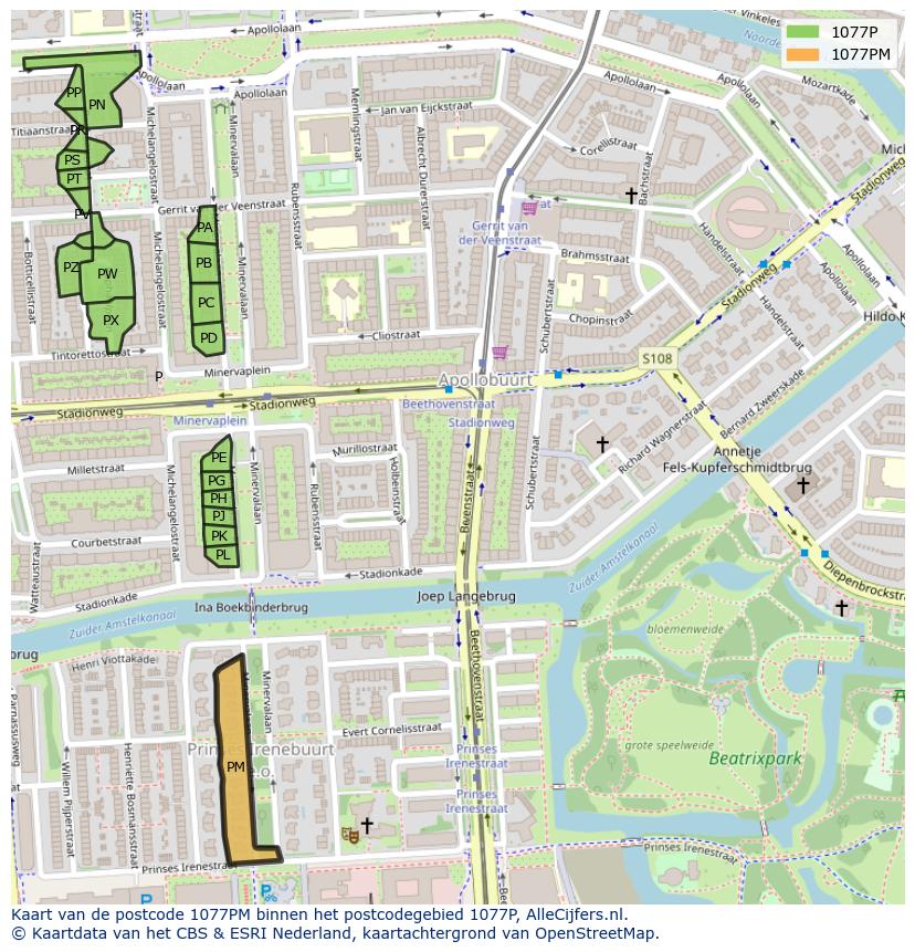 Afbeelding van het postcodegebied 1077 PM op de kaart.