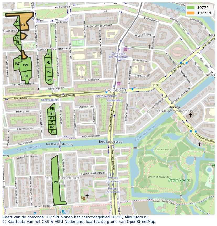 Afbeelding van het postcodegebied 1077 PN op de kaart.
