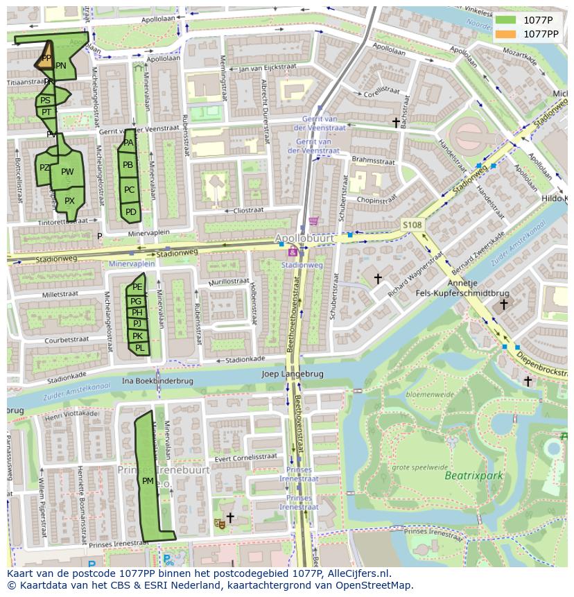 Afbeelding van het postcodegebied 1077 PP op de kaart.