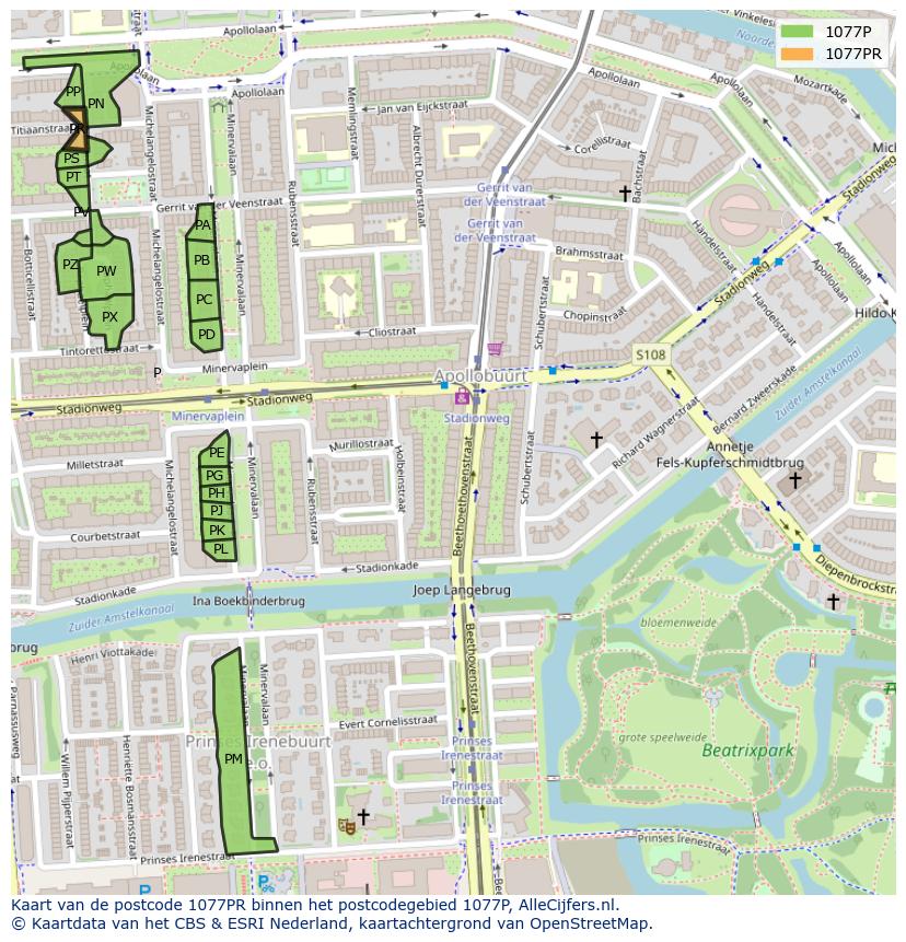 Afbeelding van het postcodegebied 1077 PR op de kaart.