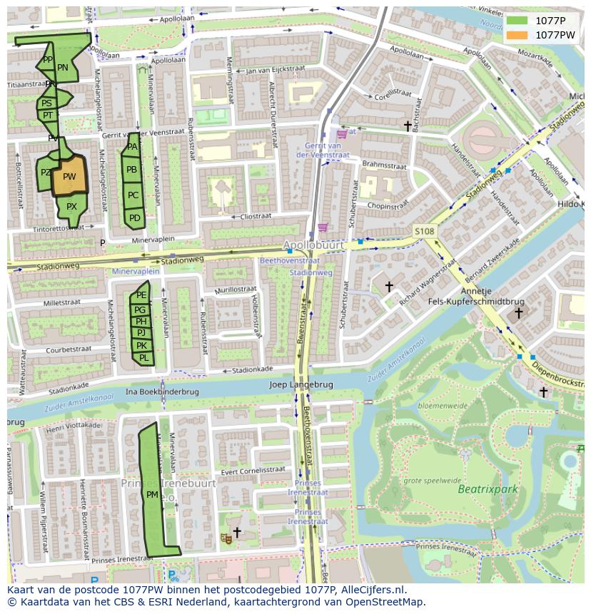 Afbeelding van het postcodegebied 1077 PW op de kaart.