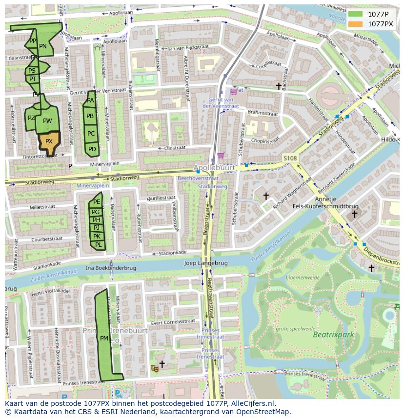 Afbeelding van het postcodegebied 1077 PX op de kaart.