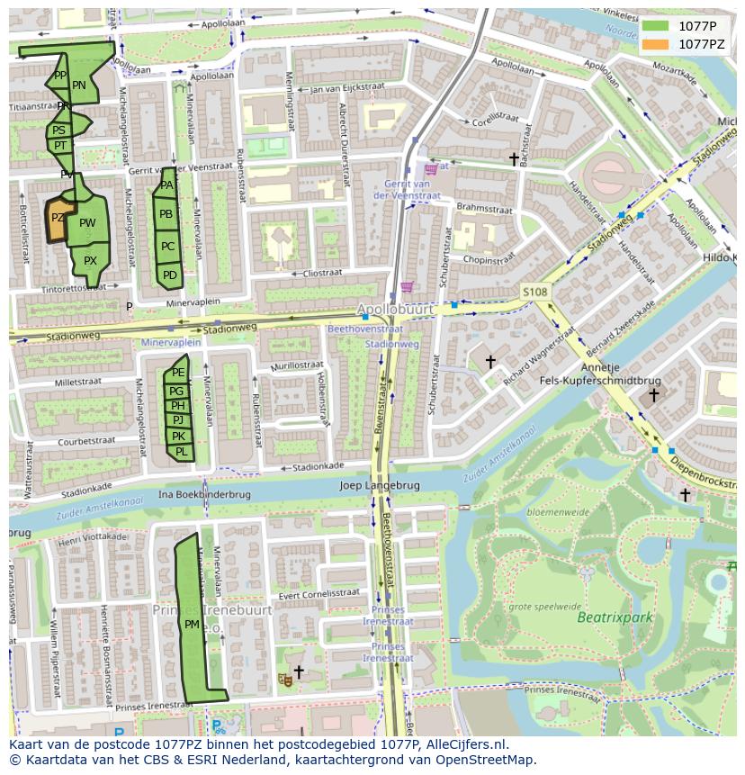 Afbeelding van het postcodegebied 1077 PZ op de kaart.