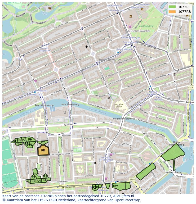 Afbeelding van het postcodegebied 1077 RB op de kaart.