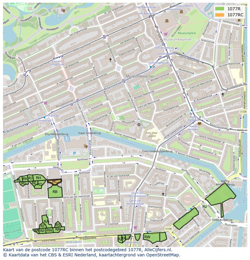 Afbeelding van het postcodegebied 1077 RC op de kaart.