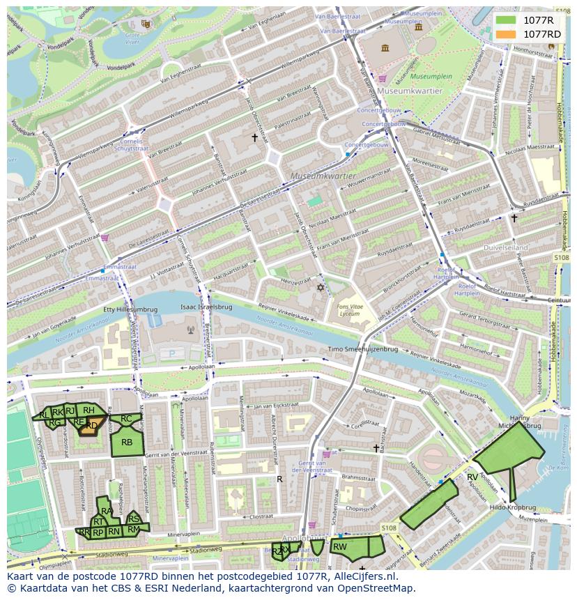 Afbeelding van het postcodegebied 1077 RD op de kaart.