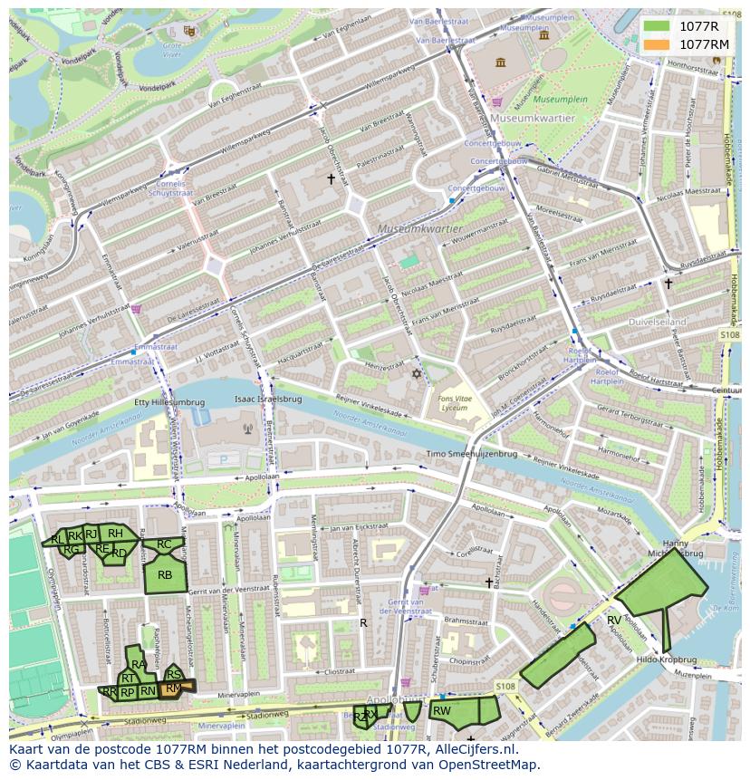 Afbeelding van het postcodegebied 1077 RM op de kaart.