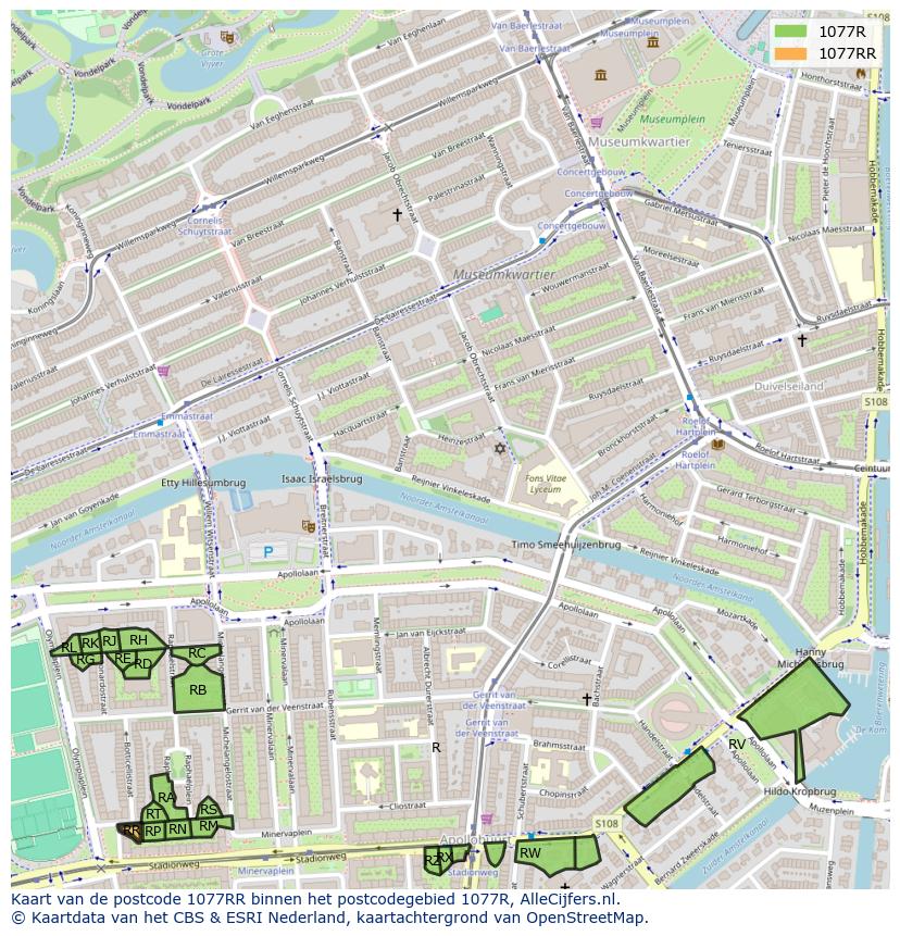 Afbeelding van het postcodegebied 1077 RR op de kaart.